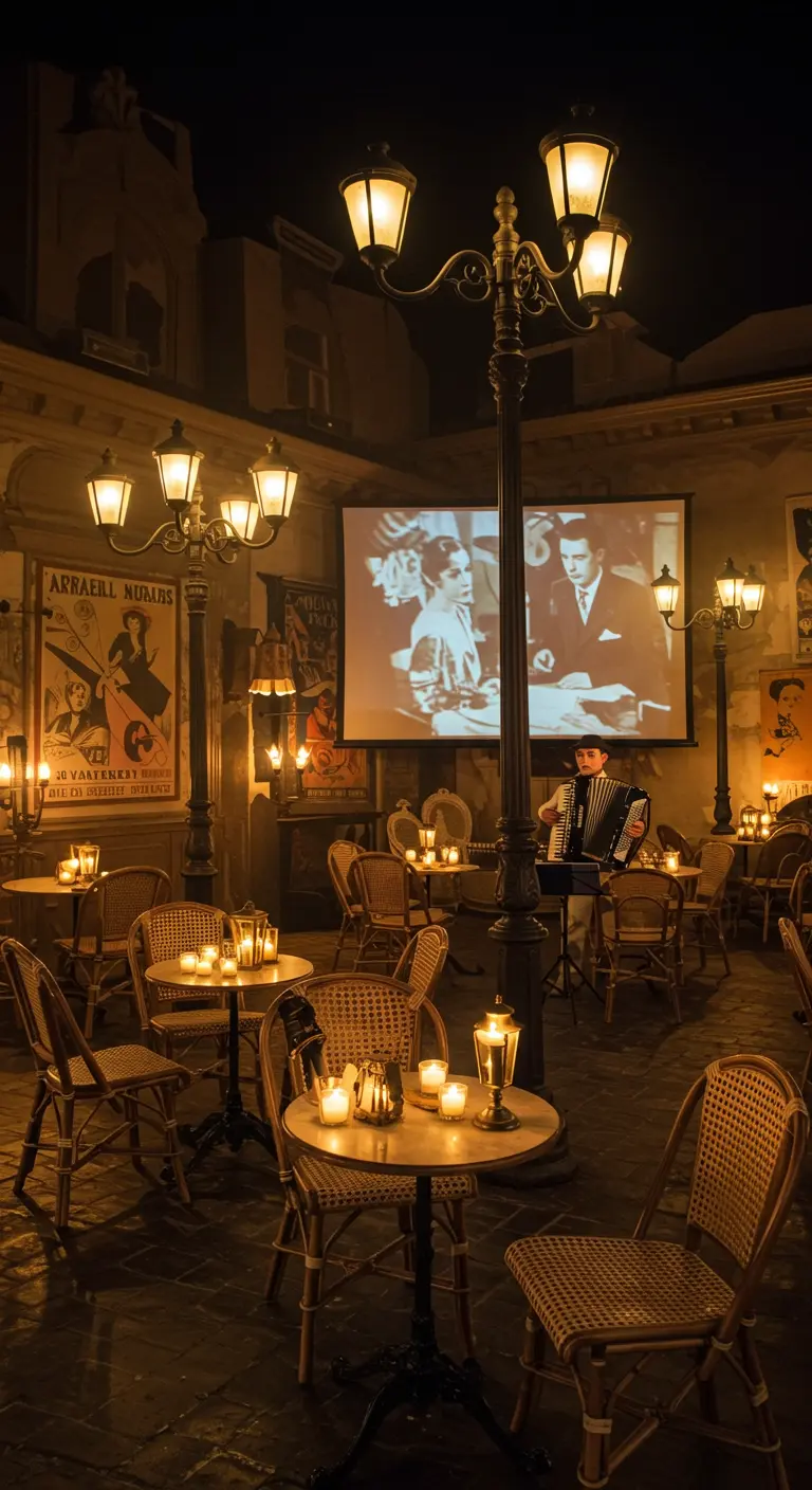 Ambiance de café parisien la nuit avec des lampions et une projection de film.