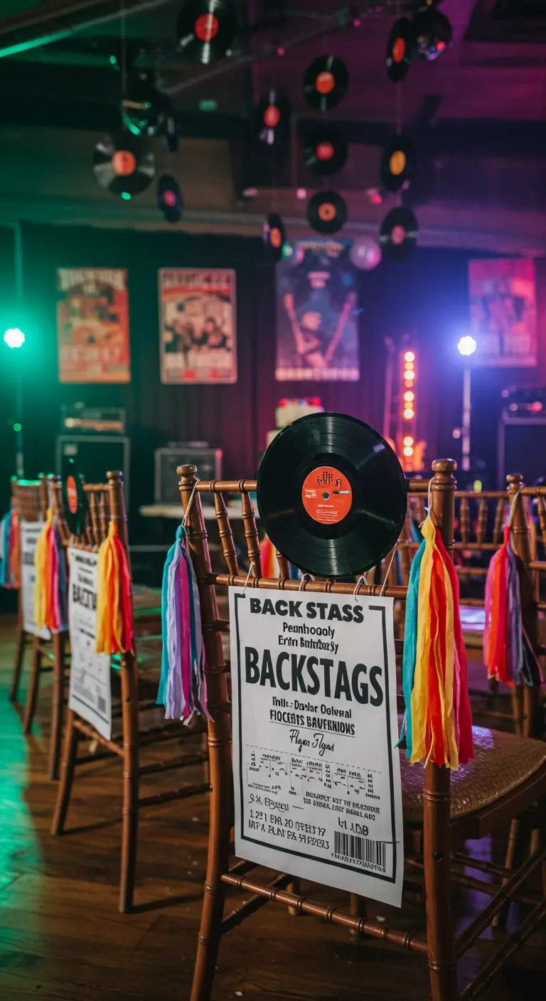Chaise décorée avec un disque vinyle et des guirlandes de papier colorées.