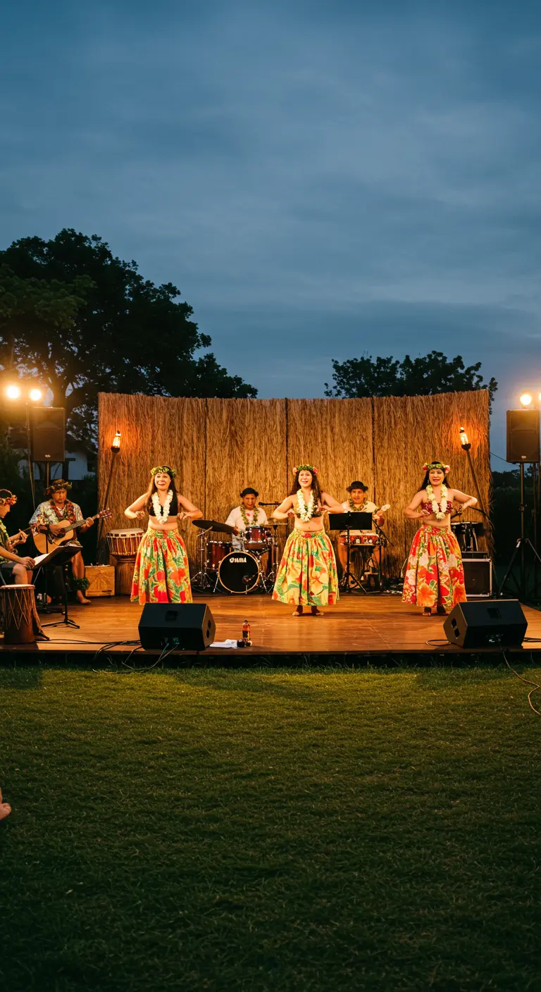 Spectacle de danse hawaïenne sur une scène en plein air avec un fond en paille.