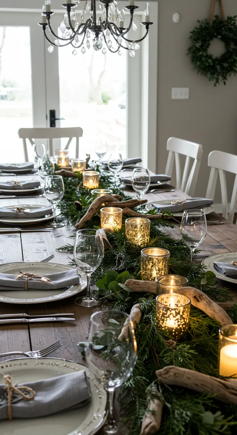 Table de fête avec guirlande de sapin, bois flotté et photophores mercurisés.