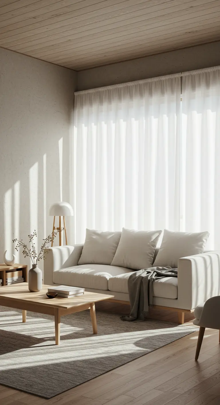 Salon de style scandinave avec canapé blanc et jeu d'ombres