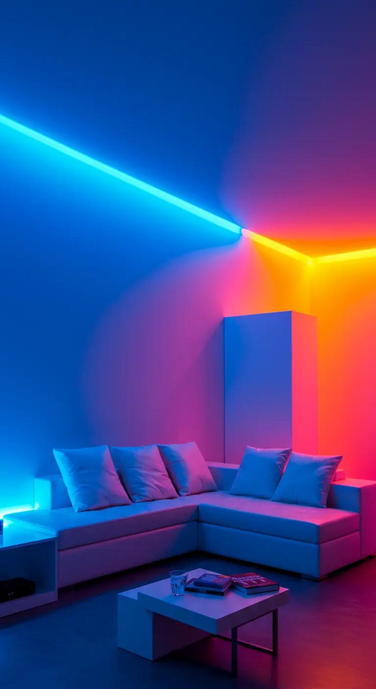Coin de salon avec un canapé blanc, éclairé par des lignes de LED bleues et roses sur les murs.