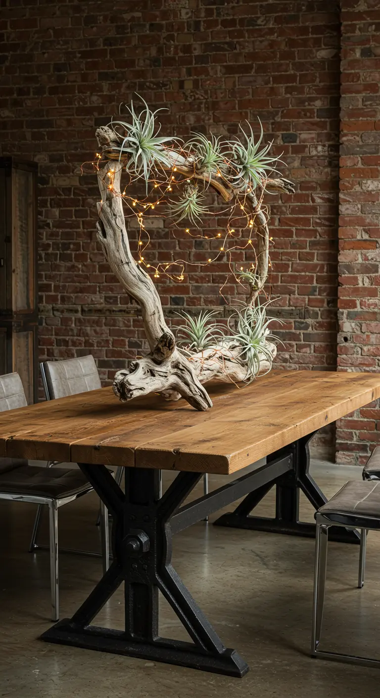 Une branche de bois flotté décorée de plantes aériennes et d'une guirlande lumineuse.