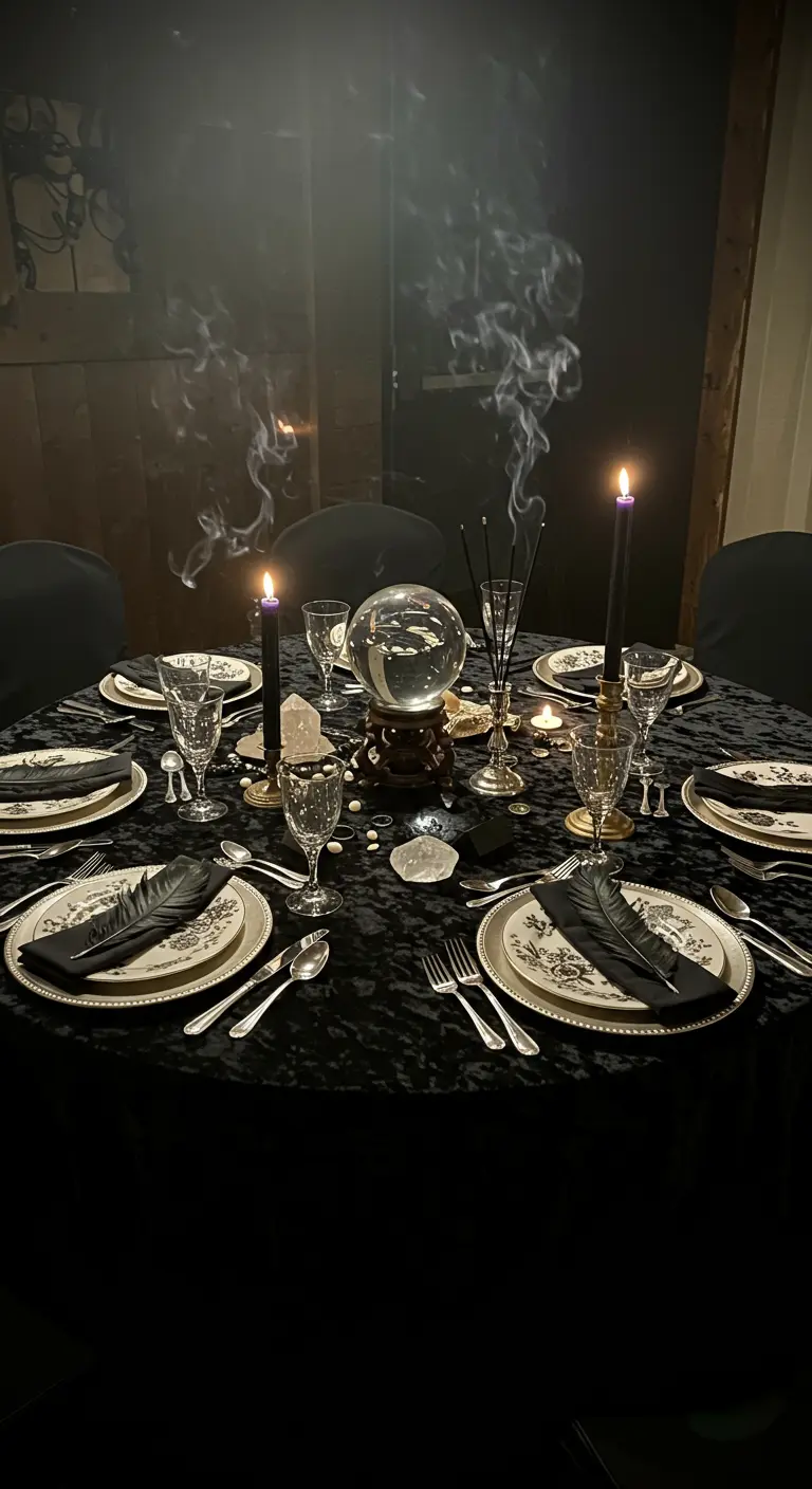 Table de spiritisme avec une boule de cristal, de la fumée et des plumes noires.