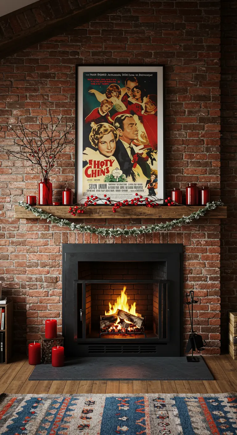 Cheminée en brique avec une grande affiche de film rétro, des vases rouges et une fine guirlande.