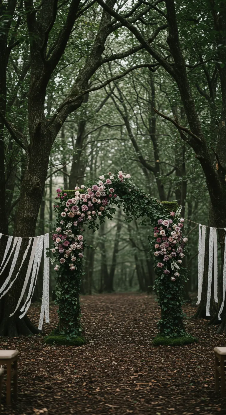 Arche de lierre et de roses mauves dans une forêt sombre.