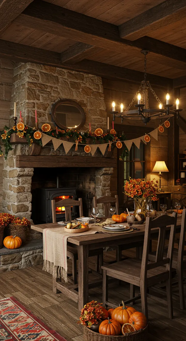 Guirlande d'oranges séchées et de cannelle sur une cheminée en pierre dans un chalet rustique.