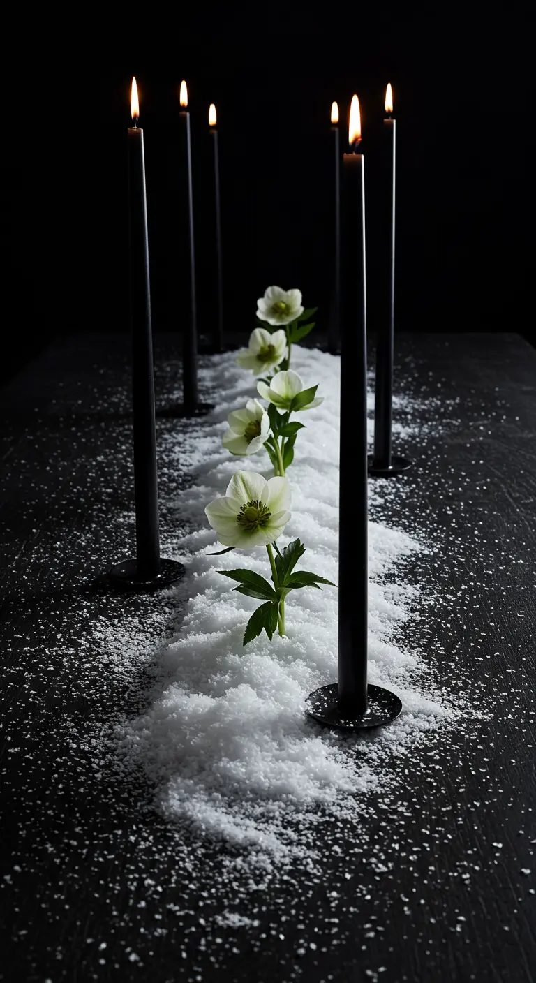 Centre de table minimaliste avec chemin de neige et fleurs blanches.