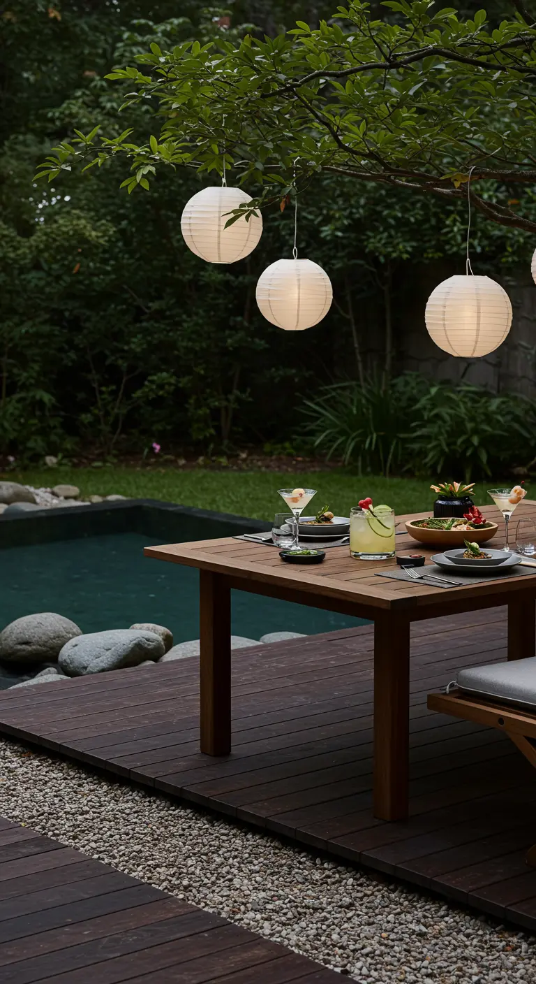 Table en bois épurée avec des lampions en papier blanc suspendus à un arbre.