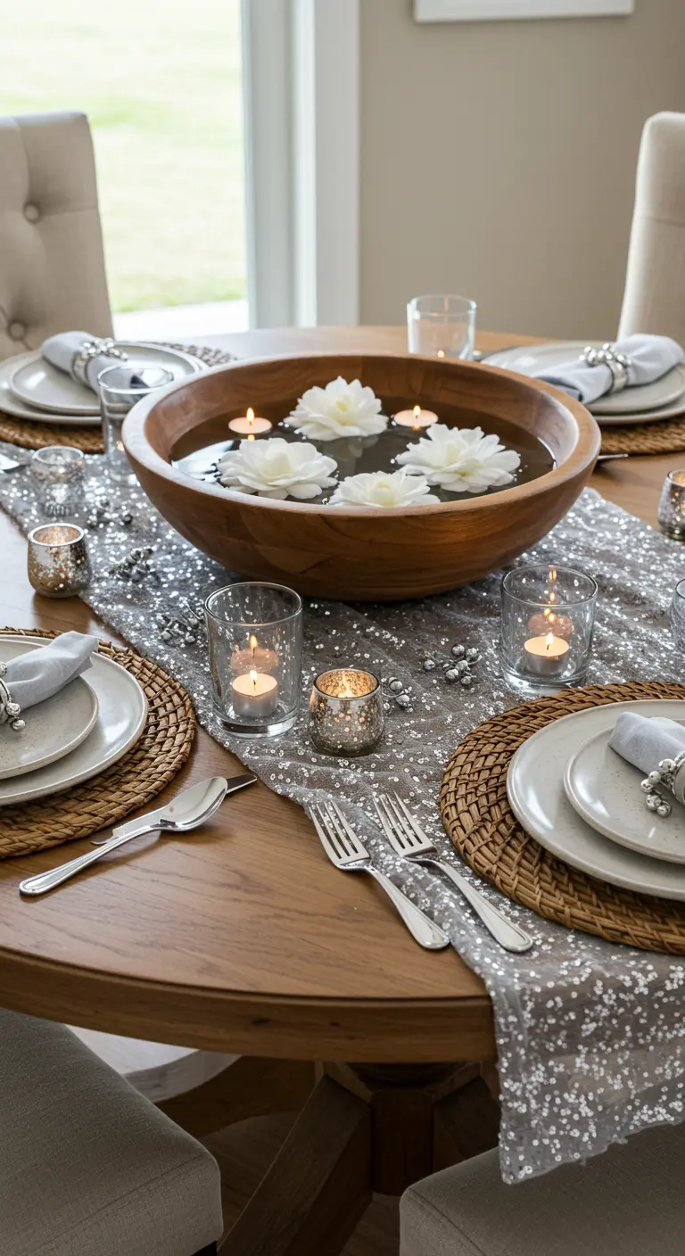 Table avec chemin de table à sequins et grand bol en bois avec bougies florales flottantes.