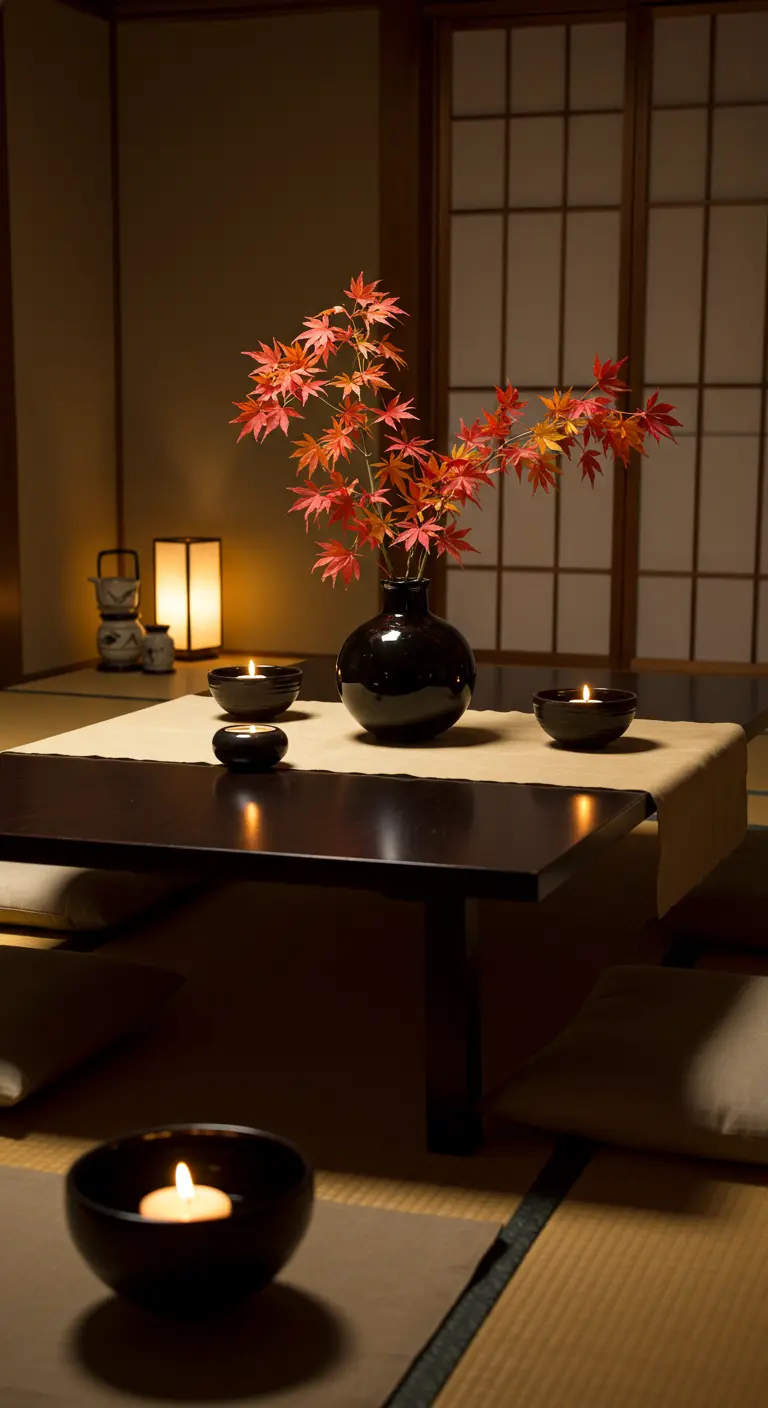 Table basse de style japonais avec une branche d'érable et des bougies.