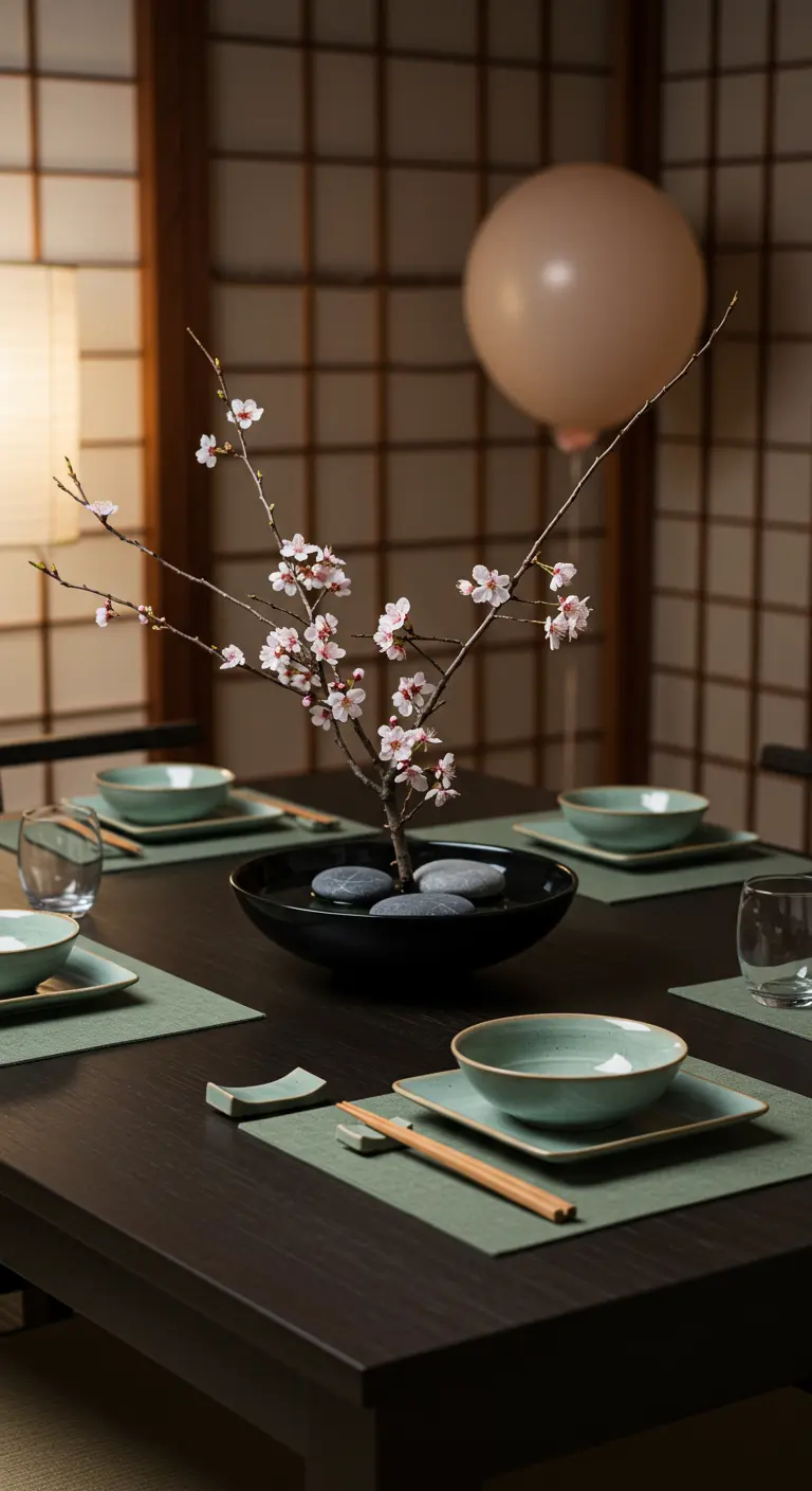 Table basse d'inspiration japonaise avec une composition florale Ikebana et un ballon discret.