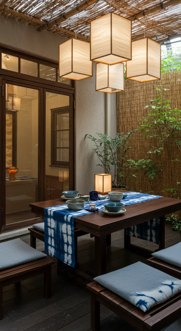 Table en bois dans un patio d'inspiration japonaise avec un chemin de table indigo
