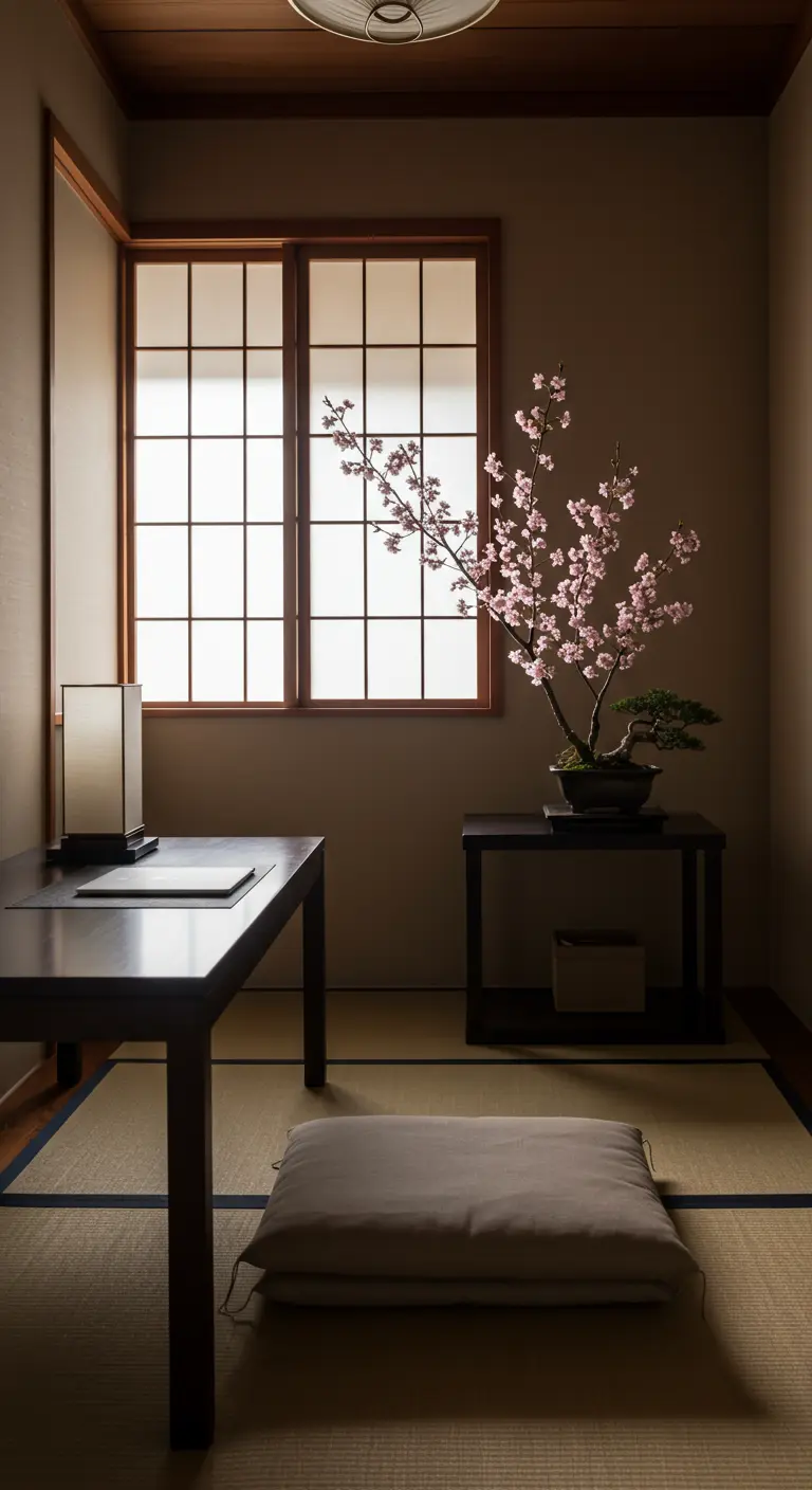 Bureau de style japonais minimaliste avec un bureau bas et un bonsaï de cerisier en fleurs.