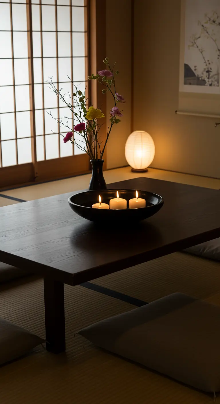 Table basse japonaise avec un bol noir contenant trois bougies flottantes et un petit vase.