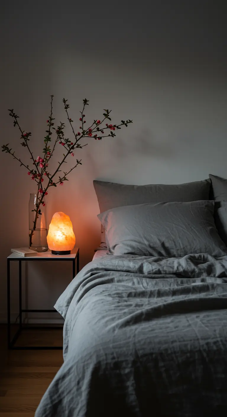 Une lampe de sel de l'Himalaya sur une table de chevet à côté d'un lit avec des draps gris.
