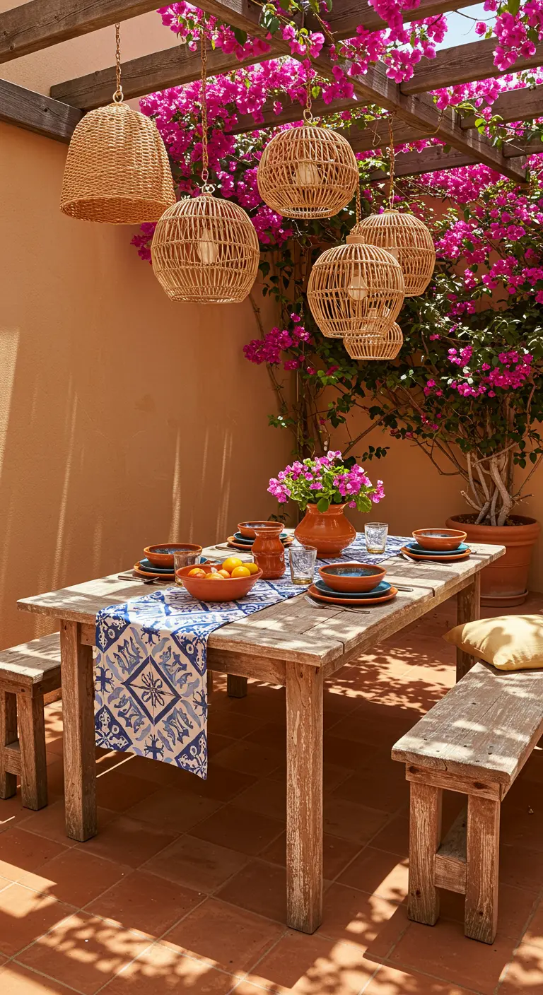 Table en bois sous une pergola fleurie, avec des suspensions en rotin et de la vaisselle en terre cuite