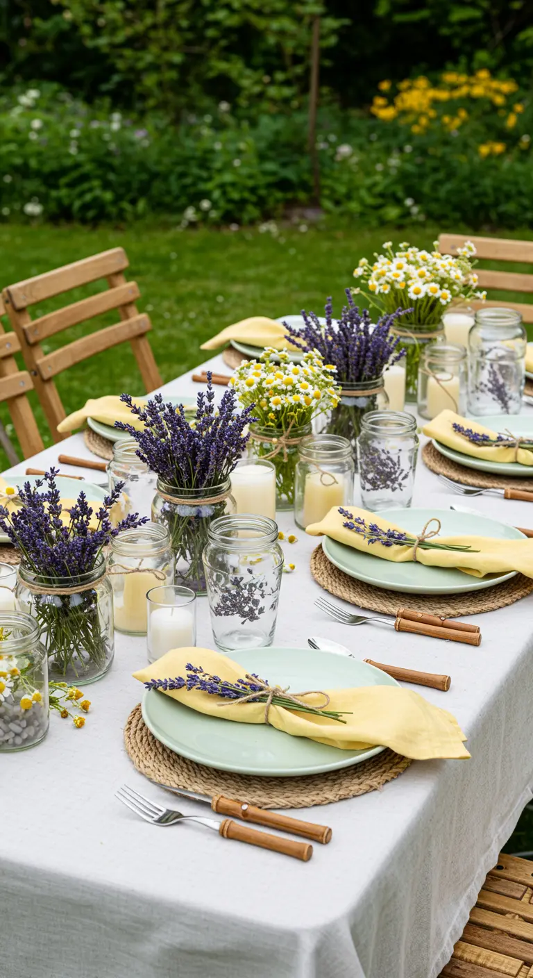 Table de jardin avec des bouquets de lavande et des bougies dans des bocaux.