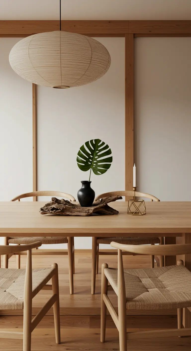 Centre de table Japandi avec bois flotté, feuille de Monstera et bougeoir design.