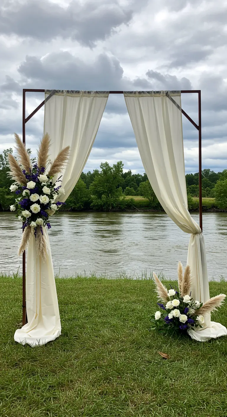 Arche de mariage minimaliste avec voilages et fleurs au bord d'une rivière.