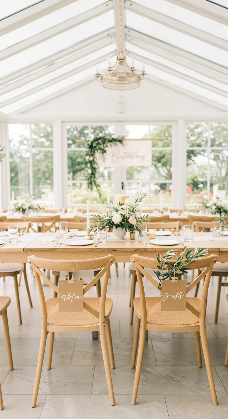 Chaise en bois clair avec étiquette nominative et brin de verdure.
