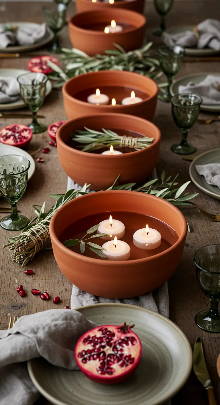 Table rustique avec des bougies flottantes dans des bols en terre cuite et des branches de romarin.
