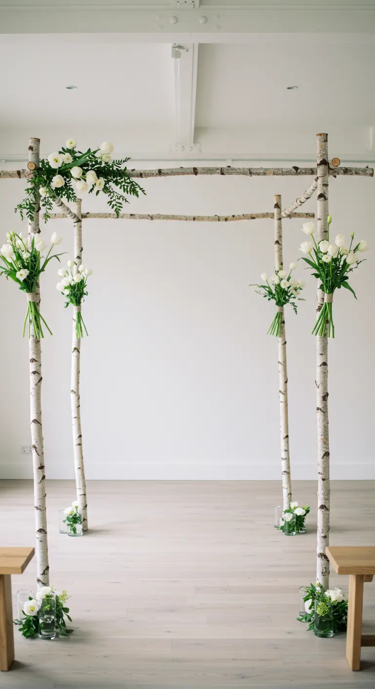 Arche de mariage minimaliste faite de troncs de bouleau avec des bouquets de fleurs blanches.