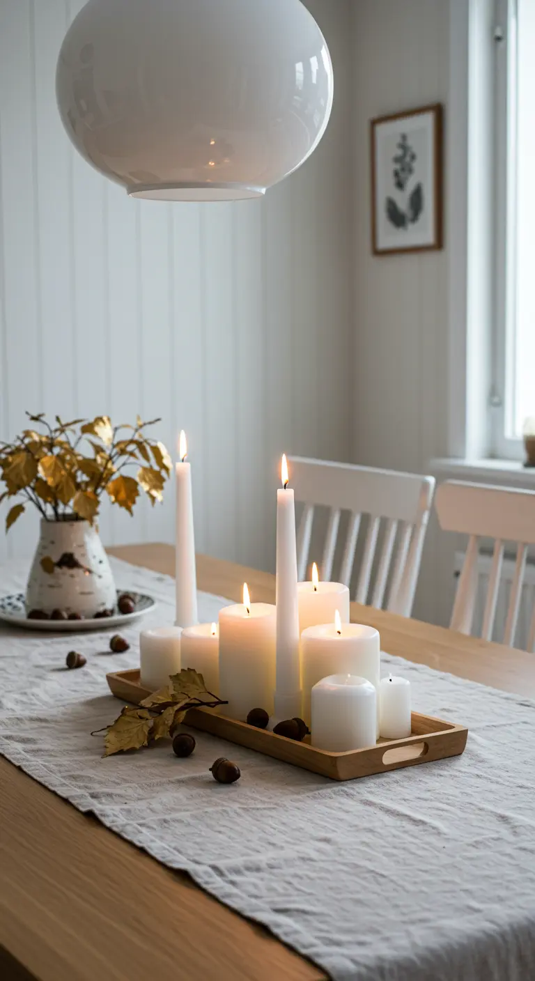 Centre de table scandinave avec bougies blanches et feuilles dorées.