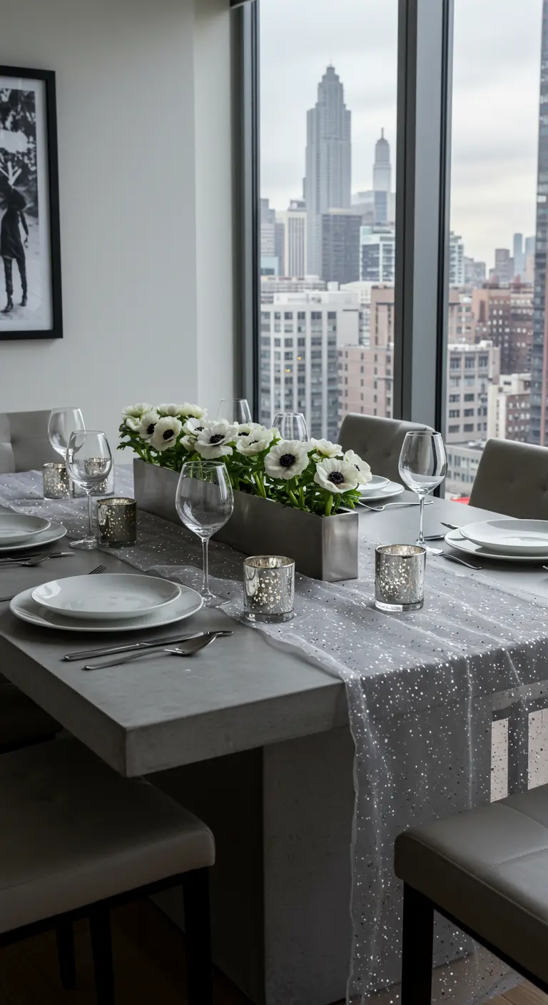 Table moderne avec chemin de table argenté et anémones blanches, vue sur la ville.