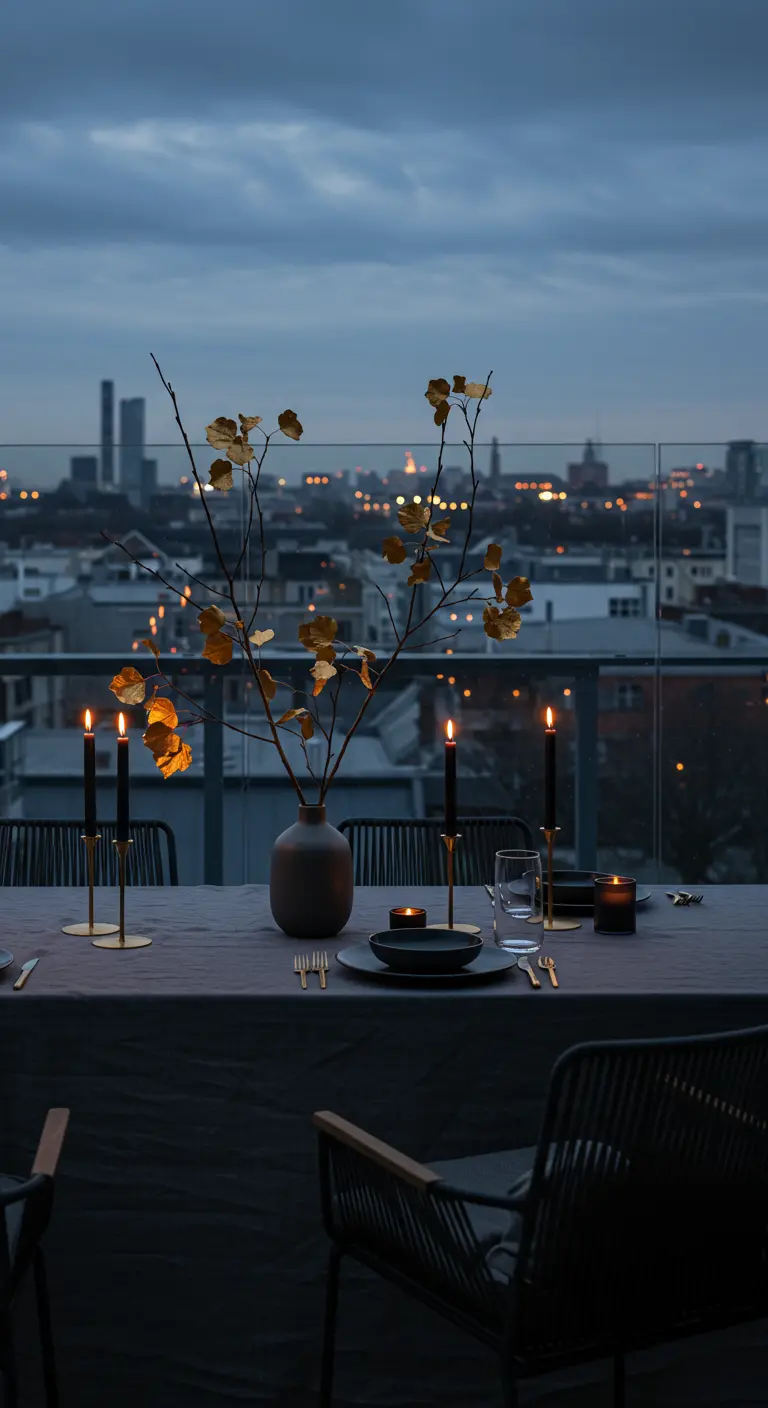 Dîner sur un rooftop avec des branches dorées et une vue sur la ville.