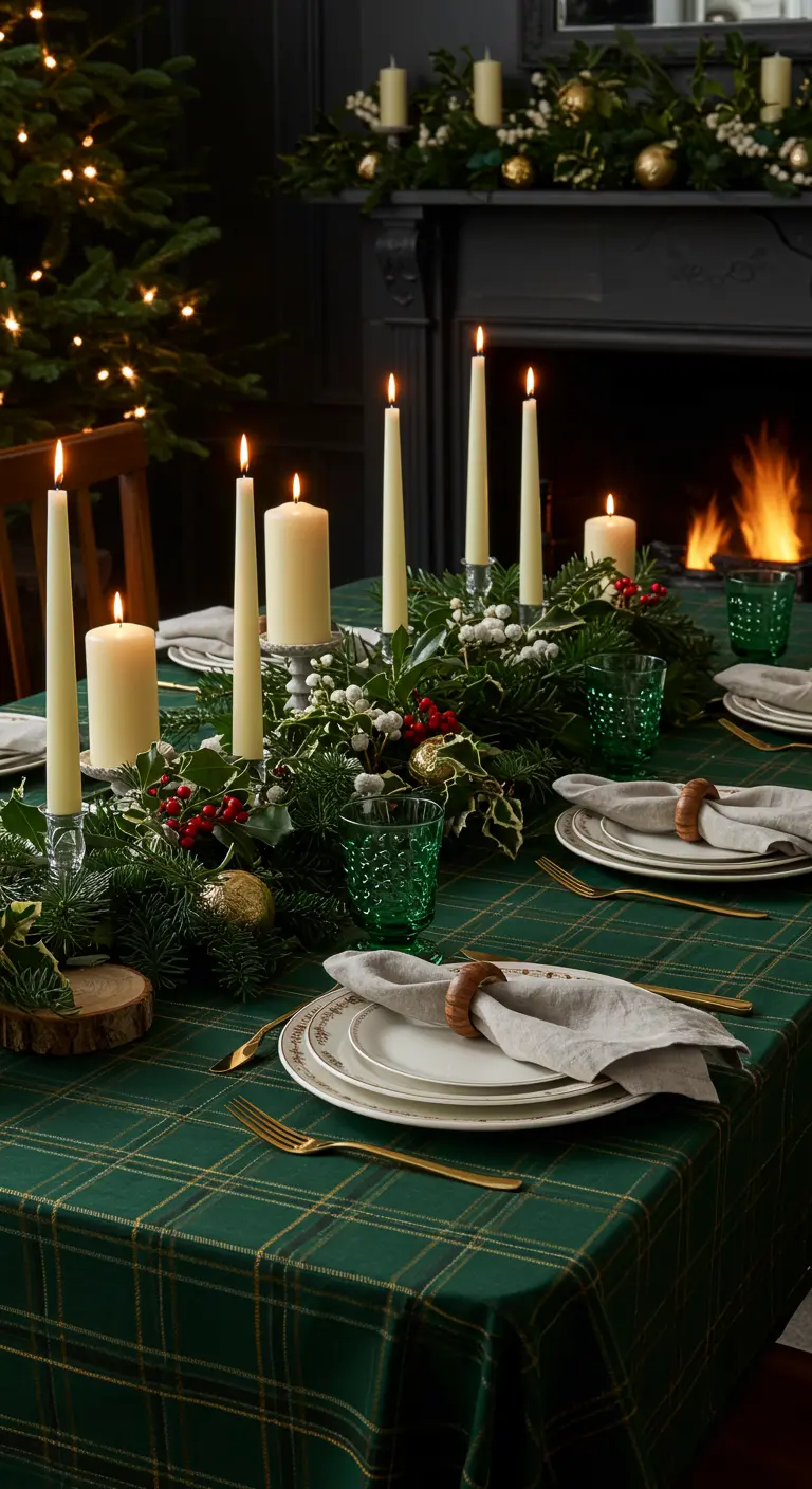 Table de fête avec nappe à carreaux verts, guirlande de sapin et nombreuses bougies.
