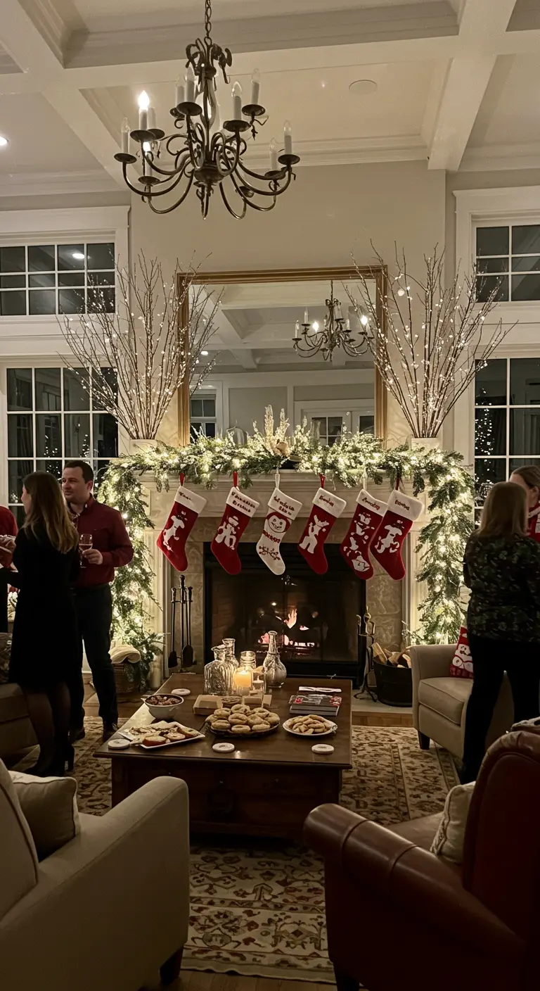 Cheminée décorée pour une fête, avec beaucoup de lumières et des chaussettes rouges.