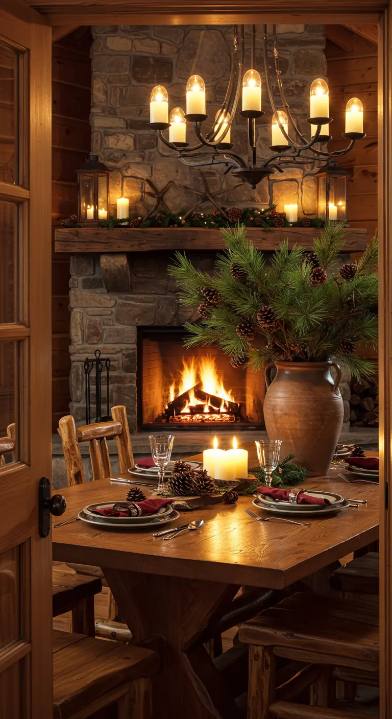 Table en bois dressée devant une cheminée en pierre allumée, avec une décoration à base de pin.