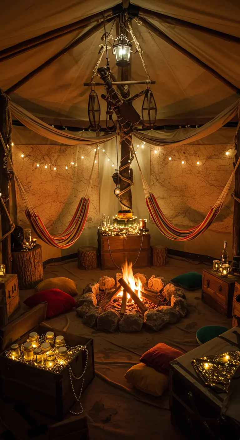 Tente d'aventuriers avec hamacs, faux feu de camp et cartes au trésor.