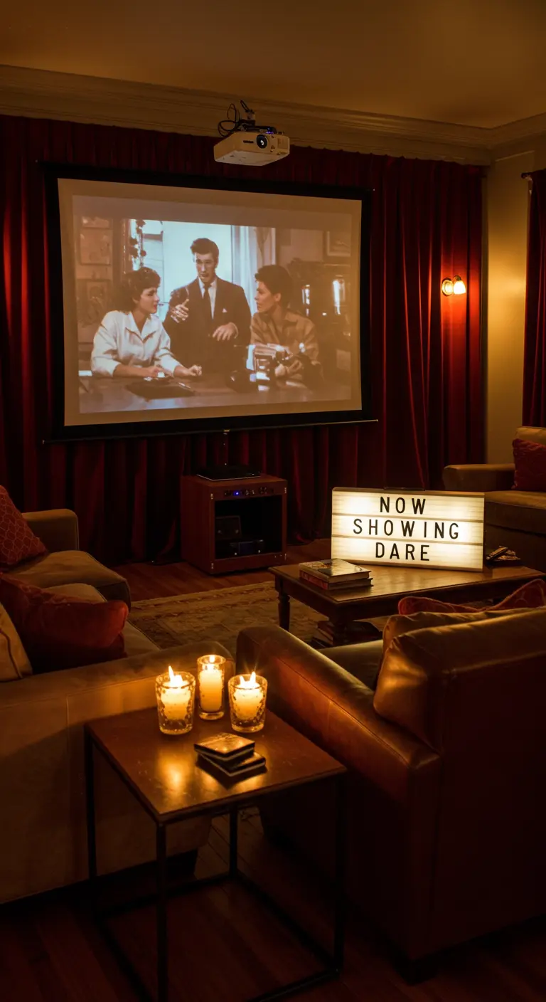 Coin salon transformé en salle de cinéma avec un écran, des rideaux de velours et une lightbox.