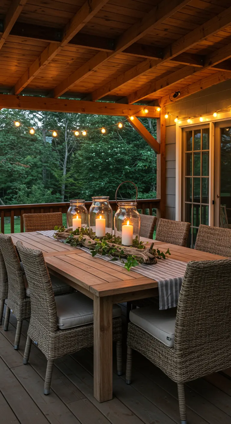 Centre de table extérieur avec bocaux en verre, bougies et lierre sur une table en bois.