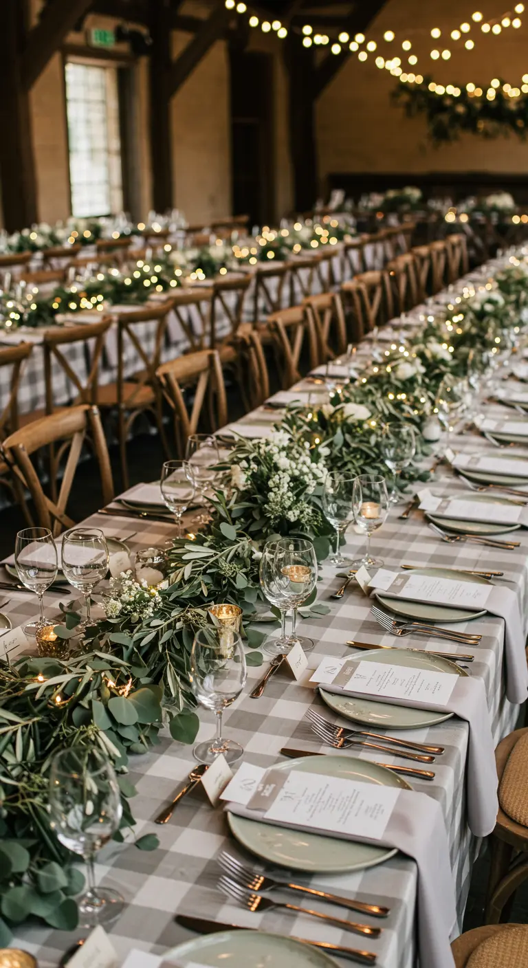 Tables de mariage avec nappes à carreaux gris et guirlandes d'eucalyptus.