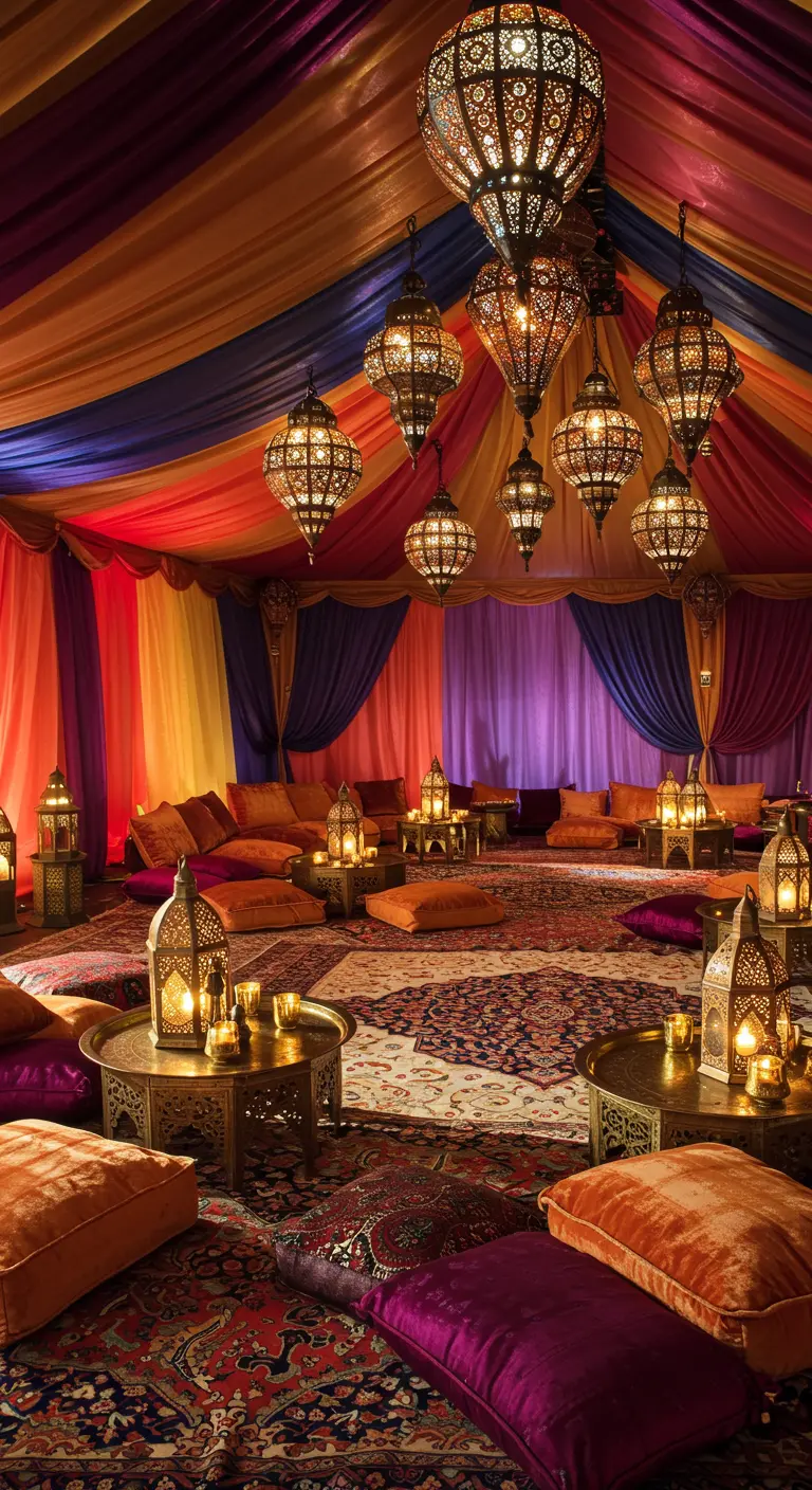 Tente orientale avec tapis, coussins au sol et lanternes marocaines.