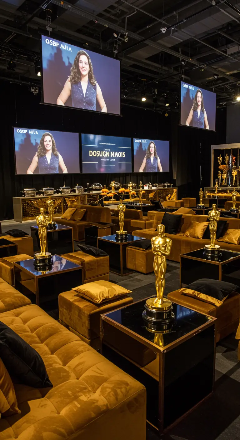 Salon de visionnage des Oscars avec des statuettes sur les tables basses.