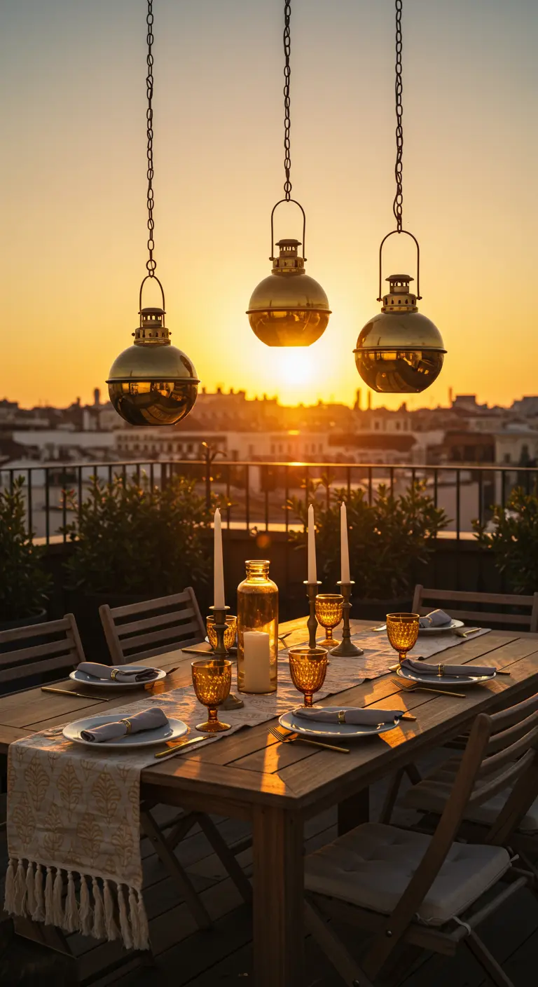 Table de dîner sur un rooftop au coucher du soleil, éclairée par trois lanternes en laiton suspendues