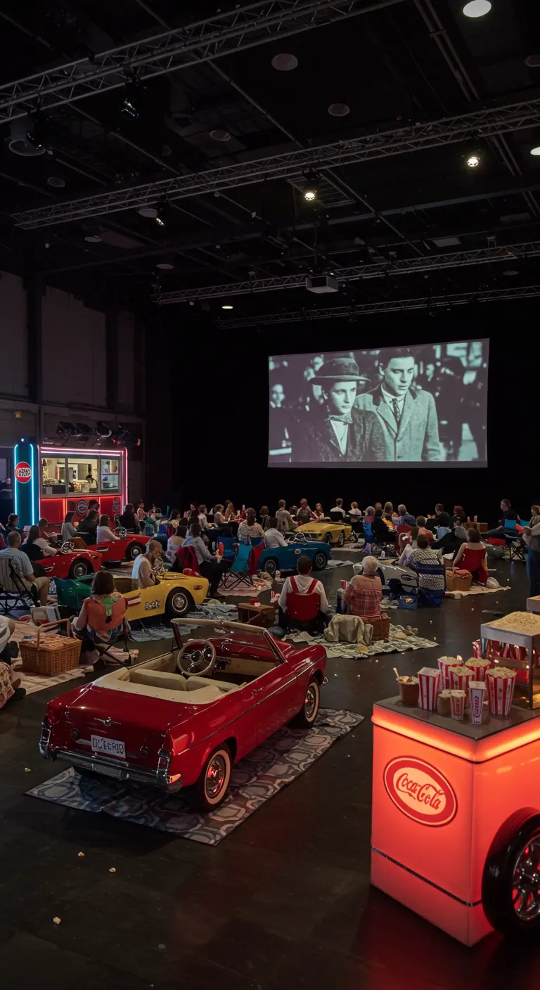 Projection de film en intérieur façon drive-in avec des petites voitures.