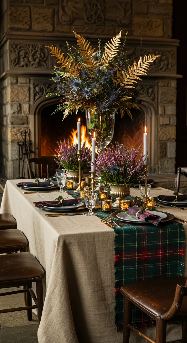Table devant une cheminée avec un chemin de table en tartan et des fougères dorées.