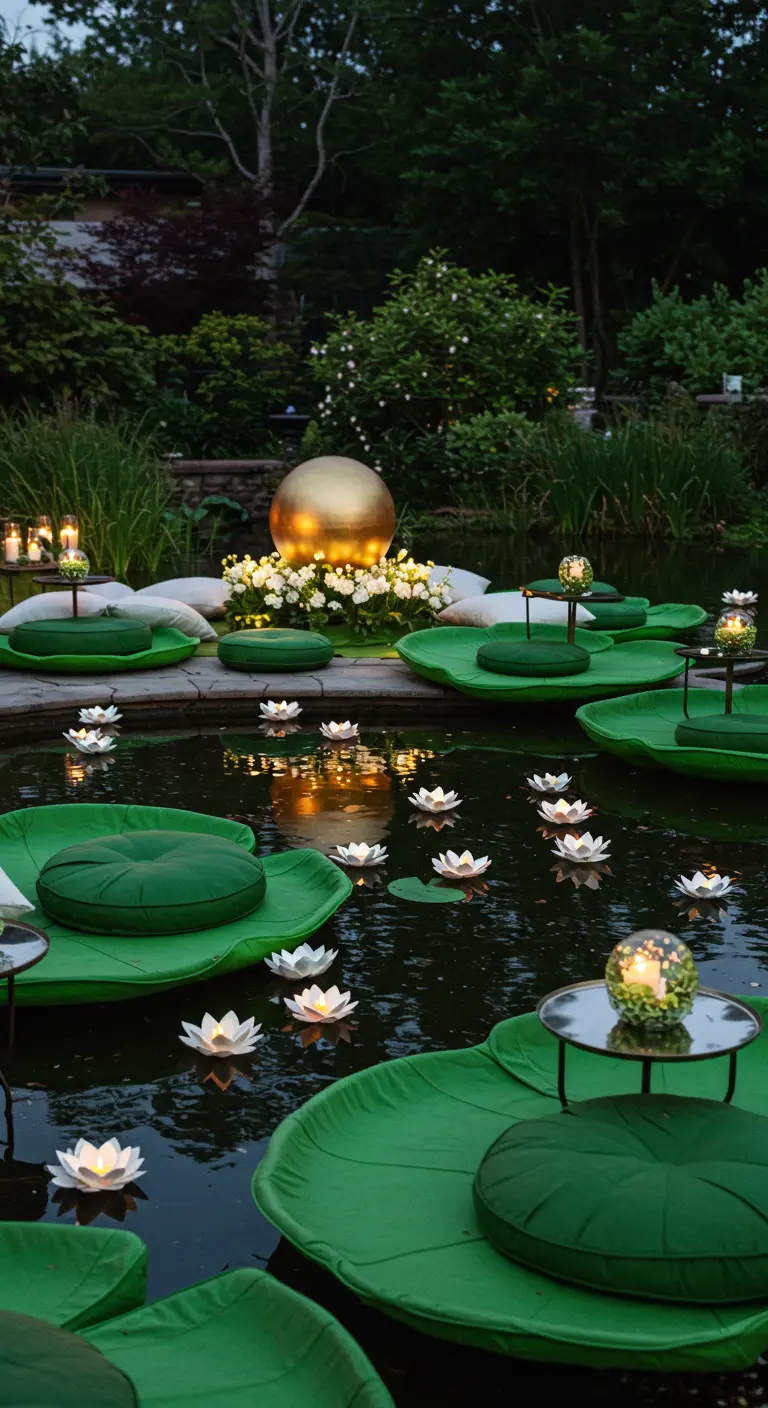 Scène de fête au bord d'un étang avec coussins en forme de nénuphars.