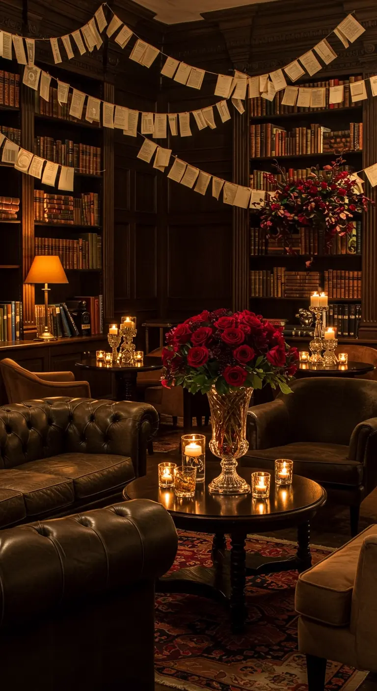 Ambiance tamisée dans une bibliothèque avec des guirlandes de pages de livres et des roses rouges.