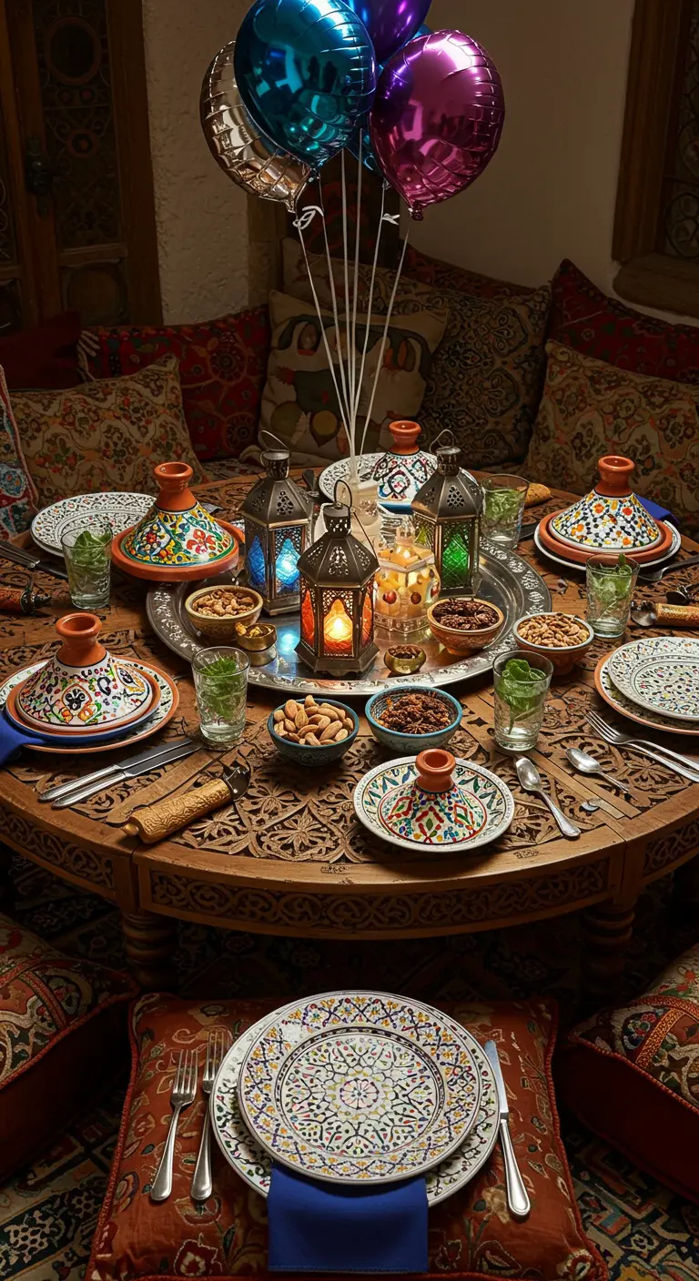 Table de fête marocaine avec des lanternes, des tajines et des ballons métallisés colorés.