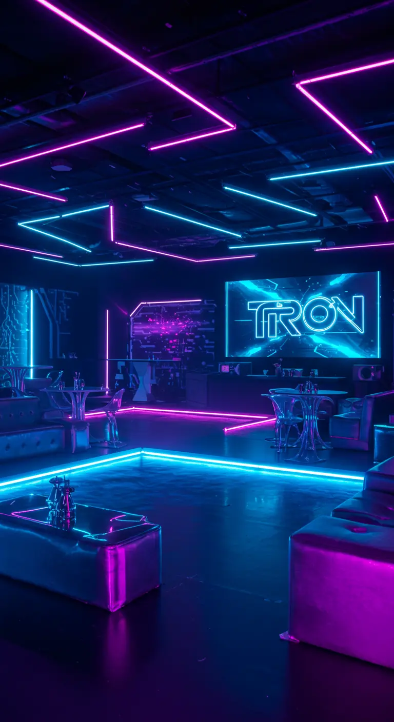 Bar futuriste avec des néons bleus et roses traçant les contours de la pièce.