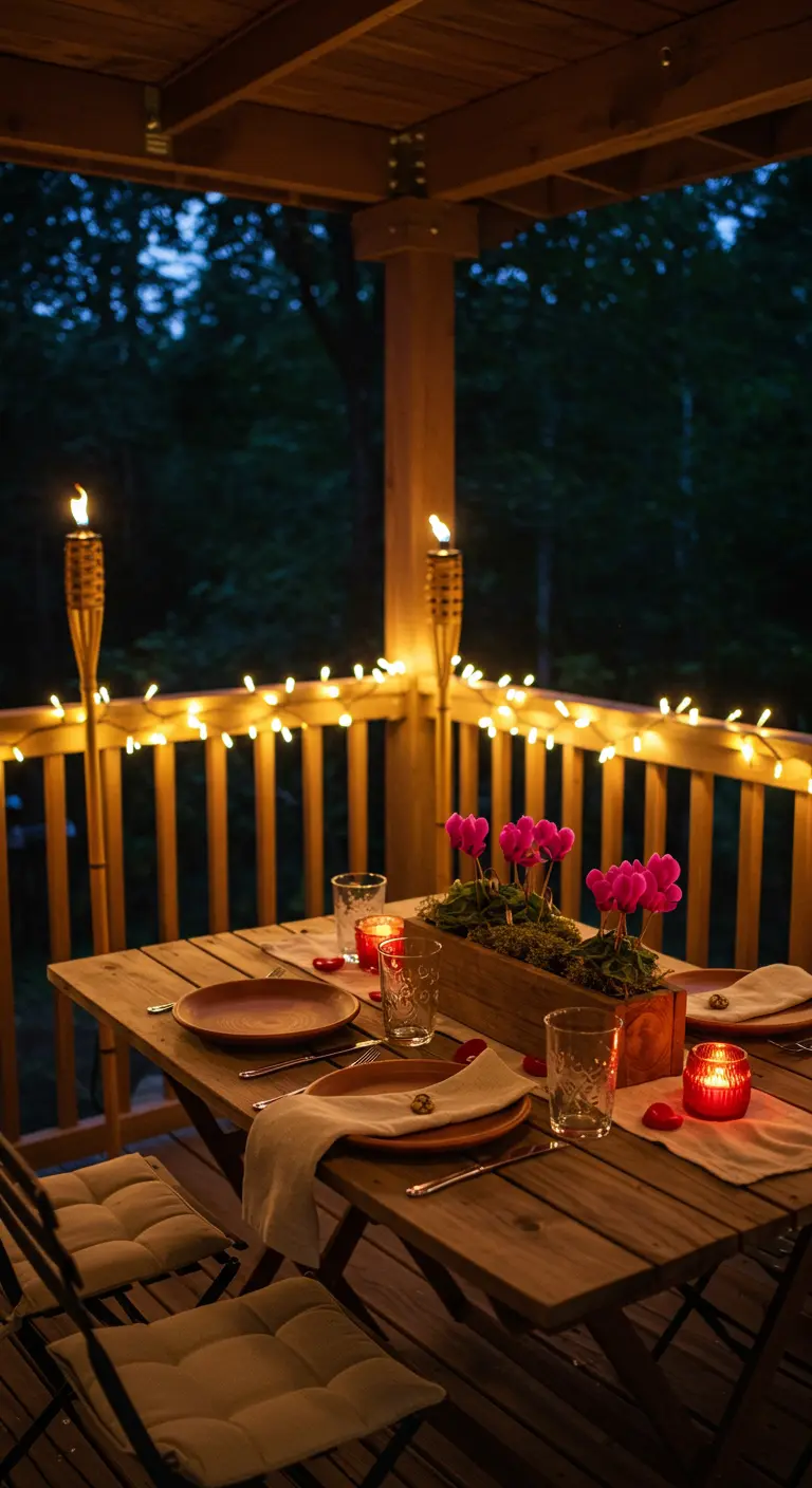 Une table en bois sur une terrasse, éclairée par des torches en bambou et des guirlandes.