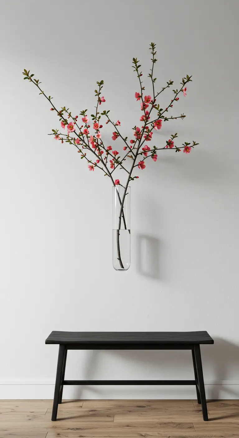 Branches de cognassier du Japon en fleurs dans un vase mural en verre.