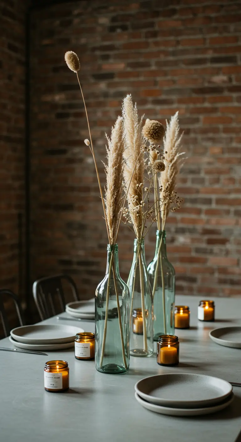 Herbe de la pampa dans des bouteilles en verre recyclé, entourée de petites bougies ambrées.