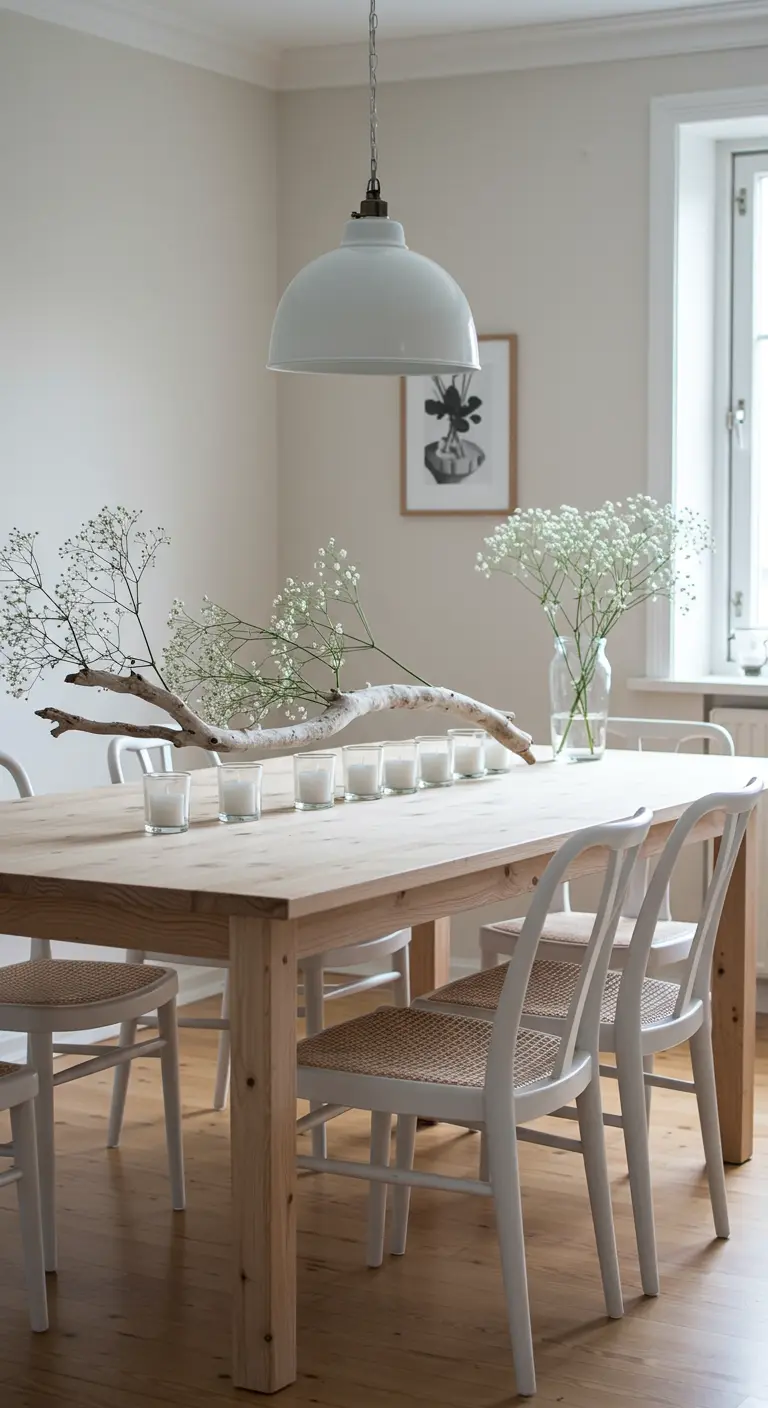 Centre de table épuré avec une branche de bois clair, du gypsophile et des photophores.